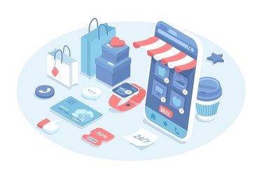 shopping online via mobile application. store and shop on smartphone. online digital marketing. raster illustration in 3d design. isometric web banner.	

