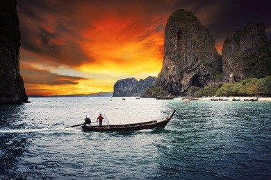 beautiful sea scape wood boat of railay bay krabi southern of thailand