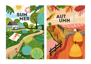 summer and autumn landscape. collection of covers for website. countryside and village in fields, garden. hot and windy weathers. cartoon flat vector illustrations isolated on white background