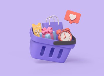 3d shopping cart with alarm clock, coupon with percent sign, bag and gift box.the concept of getting a discount on purchases in an online store. illustration isolated on purple background.3d rendering