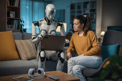 in the living room, a young woman and her humanoid robot companion use a laptop to learn, showcasing the potential of ai.