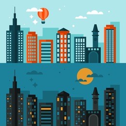 flat modern design of city skyline at day time and night time