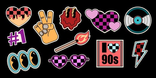 vector set of cute fun templates with patches and stickers in 90s style. vector illustration of y2k.  funky, hipster retrowave stickers in geometric shapes. pop art set sticker pack.