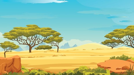kenya panoramic view, mountains and skyline, wild nature. african savannah landscape with green trees, and plain grassland field under blue clear sky, river and jungle plants. cartoon vector