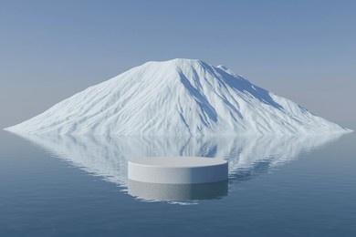 abstract 3d render winter scene and natural podium background, white podium on the sea backdrop clear sky and ice snow volcano for product display advertising cosmetic products, skincare or etc 
