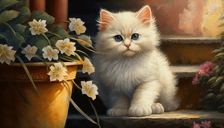 oil painting,cute white fluffy kitten between  colorful flower pots, with plants on steps of house.