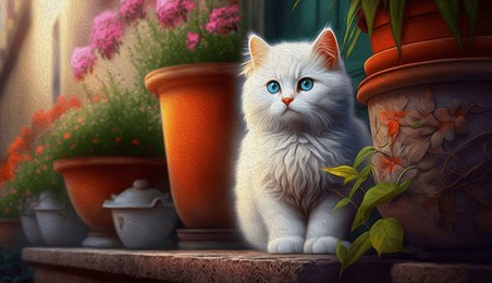 oil painting,cute white fluffy kitten between  colorful flower pots, with plants on steps of house.