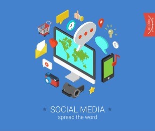 social media flat 3d isometric pixel art modern design concept vector icons composition set. desktop, chat, video, photo, music, phone, tablet. flat web illustration infographics collection.