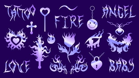 y2k metal holographic sticker set. shine holo gradient flame and fire, chain, heart, sword, flower, necklace vector foil 2000s style. 90s, 00s aesthetic trendy emo goth eps