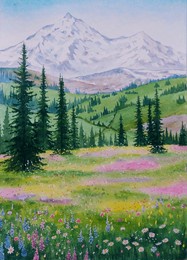 hand drawn watercolor painting of spring in the mountains. landscape painting with snowcapped mountain, green field, grass, meadow, trees, flower field, colorful wildflowers and blue sky