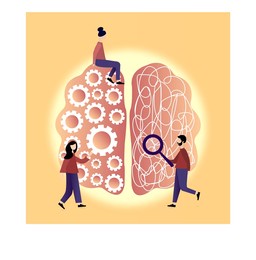 neurological science and brain research concept. people study the human brain and psychology. people and brain. vector illustration on a beige background.