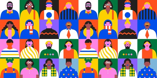 diverse community seamless pattern illustration. colorful flat cartoon character background in trendy 90s style. young people texture print, business team mosaic, staff group wallpaper texture.