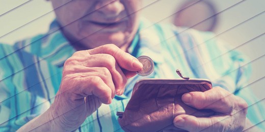 old woman taking out a coin from her wallet, geometric pattern