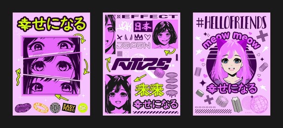 anime posters, manga prints for typography with girls faces and y2k elements. japanese slogan text with abstract shapes. anime, manga, asian girls illustration for t-shirt, typography, streetwear.