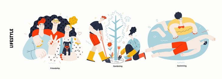 lifestyle series - modern flat vector illustration of friendship, gardening - planting a tree, swimming. people activities methapors and hobbies concept