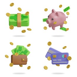 wealthy finances 3d vector icon set.
money banknote,piggy bank,wallet,credit card