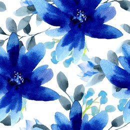 seamless wallpaper with blue flowers, watercolor illustration