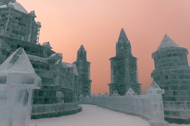 january 1, 2022, harbin, china. the international ice and snow sculpture festival. since 1985, the harbin event has grown to become one of the biggest ice and snow festival destinations in the world.