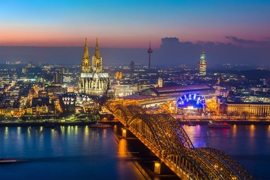 aerial view on cologne at dusk
