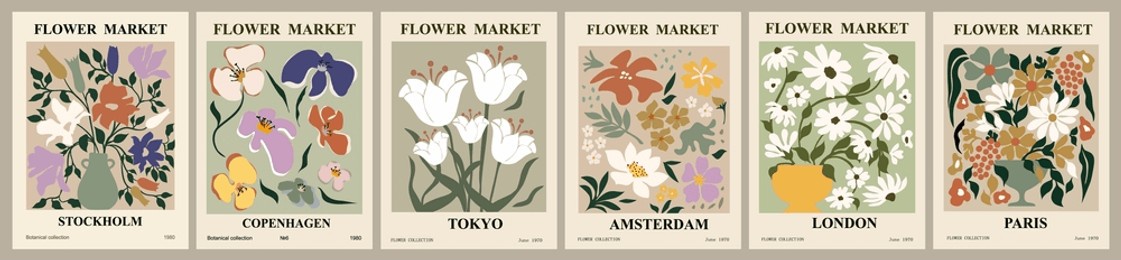 set of abstract flower market posters vector art.