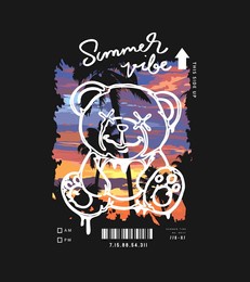 typography slogan with cartoon bear doll on sunset sky vector illustration