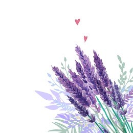 watercolor lavender bouquet background. frame with hand painted vintage plants, floral decor and hearts. vector illustration.
