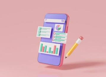 mobile with data analytics, seo optimization, dashboard and business financial report chart. online marketing, graph analytic, optimization marketing. 3d icon render illustration on pink background