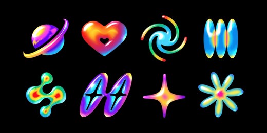 3d neon colored objects set in y2k style: planets, hearts, stars, flower, and galaxy. trendy futuristic and vibrant vector elements for abstract designs, web, print, and creative projects