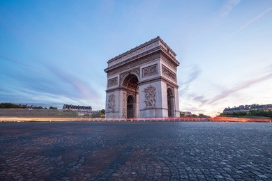 arc of triomphe champs elysees paris city at sunset