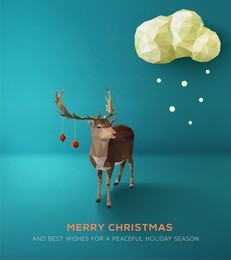 christmas card. geometric polygonal reindeer against blue landscape. vector illustration