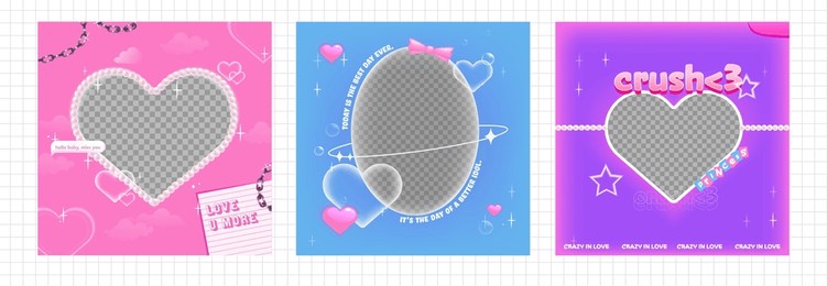 a pack of heart-shaped y2k frames. vector illustration for social media photo. metal chain and pearls and soft aura glow. korean style banner design. 