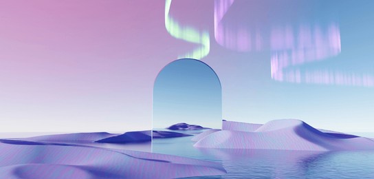 3d render surreal pastel landscape background with geometric shapes, abstract fantastic desert dune in seasoning landscape with arches, panoramic, futuristic scene with copy space, blue sky and cloudy