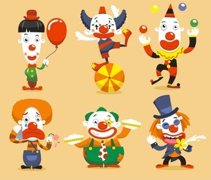 set of six clown performing different fun activities vector cartoon illustrations