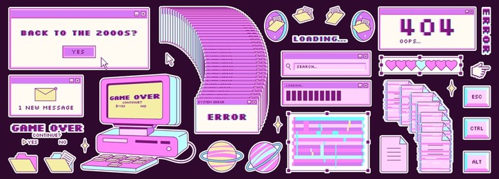big sticker set in trendy y2k style. old computer aestethic. retro pc elements, user interface. nostalgia for 1990s -2000s. glitch effect elements. vector illustrations.