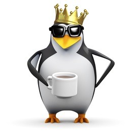 3d render of a penguin in a gold crown holding a mug of coffee