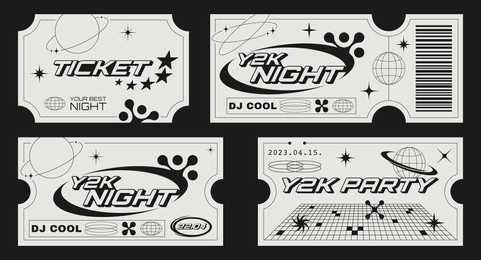 retro party tickets template with futuristic elements. y2k aesthetic design.	