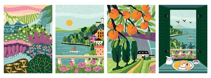 summer and spring posters. hills and shores at sunny day. urban and rural area. beautiful natural landscape of european village. cartoon flat vector illustrations isolated on white background