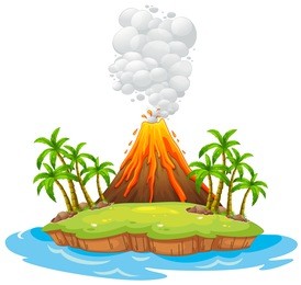 volcano on an island with smoke
