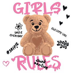 . typography girls print with slogan and teddy bear. hand drawn toy bear, cute girls vector background for graphic tees, kids wear. apparel, surface print and more
