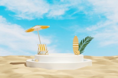 abstract minimal scene with white round podium placed on beach sand texture, decorated with a chair under an umbrella, surfboard, ball and plant. 3d rendering blue sky background