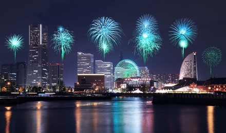 fireworks celebrating over  marina bay in yokohama city, japan