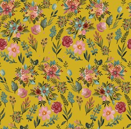 hand drawn water color floral pattern. yellow and orange flowers and leaves seamless repeat background. spring summer design allover
