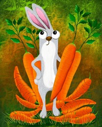 illustration of a rabbit in the forest, eating a carrot. funny fairy-tale character. rabbit, character of a children's game.