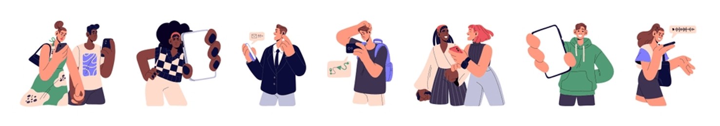 characters use mobile smart phones set. happy and sad users of smartphone. people holding cellphones in hand, talking, calling, showing screen. flat vector illustrations isolated on white background