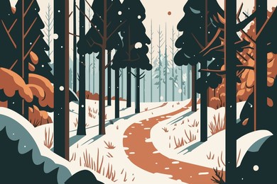 winter forest landscape with road and trees. vector illustration in flat style. a forest with a snow covered trail 