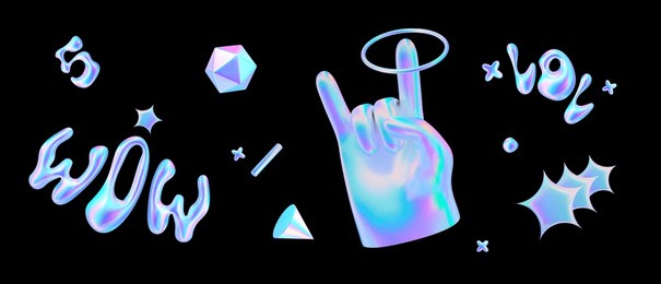 y2k holographic 3d sticker. vector pack trendy hologram element. rock hand gesture, geometric shape, star, text wow on black background
