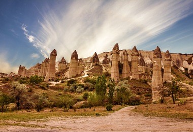 mountain landscape. cappadocia, anatolia, turkey. volcanic mountains in goreme national park.