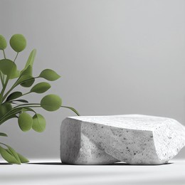 white stones 3d illustration, few green leaves aside, rock product stage in white empty room, display platform abstract background
