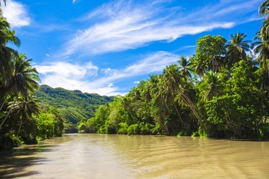 tropical loboc river, blue sky, bohol island, philippines