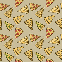 pizza pieces painted in graphic style. vector seamless pattern. useful for restaurant identity, packaging, menu design and interior decorating